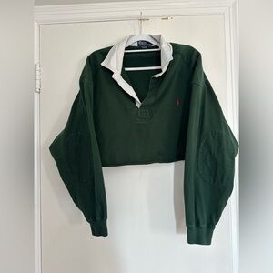 VTG Polo Ralph Lauren 2XL green Cropped  Long Sleeve Elbow Patch Quilt Shoulders
